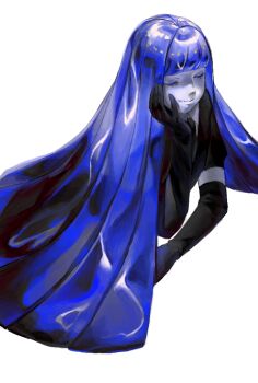 Rule 34 | 1other, androgynous, arm support, black gloves, black necktie, black vest, blue hair, blunt bangs, blunt ends, chinese commentary, closed eyes, closed mouth, collared shirt, colored eyelashes, commentary request, elbow gloves, gem uniform (houseki no kuni), gloves, hand on own face, hand up, hhnckcxqh081439, hime cut, houseki no kuni, lapis lazuli (houseki no kuni), long hair, lying, necktie, on stomach, other focus, puffy short sleeves, puffy sleeves, shirt, short sleeves, smile, solo, u u, very long hair, vest, white background, white shirt