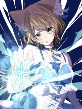 1boy animal_ears blue_background blue_choker bow brown_hair cat_boy cat_ears cat_tail choker commentary_request crossdressing felix_argyle gura_(kihou7342) healing highres hydrokinesis magic male_focus puffy_male_chest re:zero_kara_hajimeru_isekai_seikatsu ribbon short_hair solo_focus striped_ribbon tail trap water white_bow