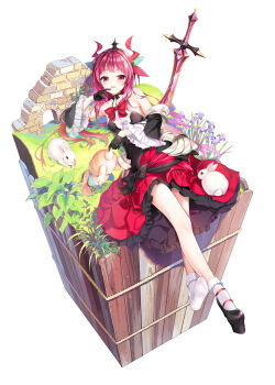 1girl animal bare_shoulders black_choker black_gloves black_shoes black_sleeves blue_ribbon bobby_socks bow brick_wall character_request choker commentary_request curled_horns detached_sleeves faux_figurine female_focus flower gloves green_ribbon hair_ribbon half_gloves highres horns lazy_dungeon_master long_hair long_sleeves lying on_back planted planted_sword planted_weapon platform_footwear platform_heels platform_shoes purple_eyes purple_flower purple_hair rabbit red_bow red_ribbon red_skirt ribbon ribbon_choker shoes simple_background skirt socks solo sword weapon white_background white_socks wide_sleeves youta