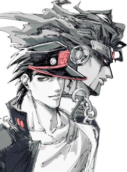 Rule 34 | 1boy, begoru15, black hair, closed mouth, collarbone, collared coat, commentary request, crew neck, hat, highres, jojo no kimyou na bouken, kuujou joutarou, long hair, looking at viewer, male focus, peaked cap, popped collar, shirt, simple background, smile, spot color, stand (jojo), star platinum, stardust crusaders, upper body, white background