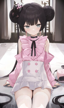 1girl absurdres alternate_costume black_hair blue_archive butterfly_hair_ornament commentary_request double_bun grey_eyes hair_bun hair_ornament halo highres kisaki_(blue_archive) long_hair looking_at_viewer nekoya_(liu) pink_shirt shirt sitting skirt solo thighhighs twintails white_skirt white_thighhighs