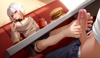 2boys absurdres barefoot black_skirt blush booth_seating brown_sweater burger clothes_pull commentary commission crossdressing crossdressing_(mtf) detached_collar dutch_angle eating english_commentary erection feet food footjob french_fries furrowed_brow grin highres indie_virtual_youtuber indoors kairunoburogu long_sleeves looking_at_viewer male_focus multicolored_hair multiple_boys naughty_face o-ring o-ring_thigh_strap off-shoulder_sweater off_shoulder orange_hair pants pants_pull penis public_indecency restaurant ribbed_sweater shirt sitting skirt smile sweater thigh_strap toes trap two-footed_footjob two-tone_hair uncensored viluxie virtual_youtuber wcdonald&#039;s white_hair white_shirt yaoi