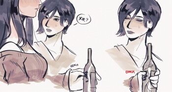 2girls absurdres ada_wong black_hair blush breasts crossover dress english_text hair_behind_ear highres khessamaya long_hair medium_breasts multiple_girls parted_lips resident_evil resident_evil_4 resident_evil_4_(remake) short_hair sidelocks speech_bubble spy_x_family sweater yor_briar yuri