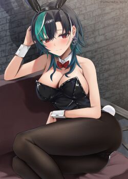 1girl absurdres amane_sora animal_ear_hairband animal_ears aqua_hair ass bare_shoulders black_hair black_leotard blush bow bowtie braid braided_bangs breasts cleavage closed_mouth commentary_request detached_collar fake_animal_ears fake_tail hairband hand_up highres hololive hololive_dev_is indoors large_breasts leotard looking_at_viewer medium_hair multicolored_hair playboy_bunny purple_streaks rabbit_ear_hairband rabbit_ears rabbit_tail red_bow red_bowtie red_eyes rindo_chihaya sitting solo strapless strapless_leotard streaked_hair tail traditional_bowtie virtual_youtuber white_streaks white_wrist_cuffs wrist_cuffs