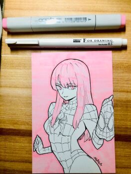 cosplay long_hair marvel mary_jane_watson mask pink_background pink_eyes pink_hair spider-man spider-man_(cosplay) spider-man_(series) spider-man_logo sushi_pizza_rrr table traditional_media unworn_mask