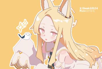 Rule 34 | 1girl, absurdres, animal ear fluff, animal ears, bare shoulders, blonde hair, blue archive, detached sleeves, dress, forehead, fox ears, fox girl, halo, highres, long hair, long sleeves, looking at viewer, open mouth, pink eyes, pixel art, seia (blue archive), sidelocks, sleeves past fingers, sleeves past wrists, slmnk10124, smile, solo, textless version, upper body, white dress, yellow background, yellow halo, yellow theme