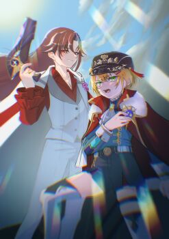 Rule 34 | 2girls, absurdres, androgynous, blonde hair, brown hair, cape, fur-trimmed cape, fur trim, green eyes, gun, hat, heaven burns red, highres, holding, holding gun, holding weapon, jacket, leia leia 1213, long hair, long sleeves, looking at viewer, male focus, maruyama kanata, military, military hat, military uniform, multicolored hair, multiple boys, multiple girls, open mouth, pants, peaked cap, red cape, red eyes, red hair, shirt, short hair, shorts, smile, thighhighs, vest, weapon, white pants, yanagi mion