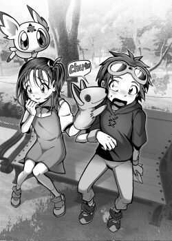 blush brown_eyes brown_hair child culumon digimon digimon_(creature) digimon_tamers guilmon hair_ornament hairpin katou_juri kiss kitagawa_kenta long_hair matsuda_takato oh_sorry_01 puppet ribbon shiota_hirokazu sidetail zero_unit