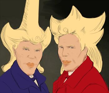 2boys blonde_hair blue_bow blue_bowtie blue_jacket bow bowtie cheekbones drawfag formal_clothes grichka_bogdanoff igor_bogdanoff jacket lips long_hair looking_at_viewer male_focus multiple_boys nintendo non-web_source photo-referenced pokemon pokemon_swsh red_bow red_bowtie red_jacket shielbert_(pokemon) shirt siblings simple_background sordward_(pokemon) tall_hair twins white_shirt