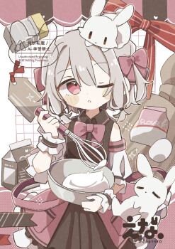 1girl absurdres animal animal_on_head artist_name black_dress blush_stickers bow bowl bowtie collared_dress cowboy_shot dress drink_carton ena_1510 flour grey_hair hair_bow hand_up highres holding holding_bowl holding_whisk milk_carton mixing_bowl on_head one_eye_closed original parted_lips rabbit red_bow red_bowtie red_eyes red_ribbon ribbon shirt short_hair short_sleeves solo twitter_username watermark whisk white_shirt wrist_cuffs