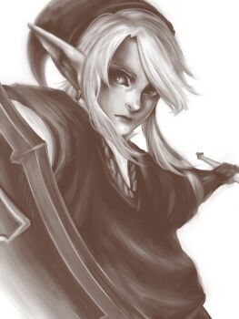 1boy commentary_request earrings elf illust jewelry link master_sword monochrome nintendo pierrot31 pixiv pointy_ears sword swordman the_legend_of_zelda weapon