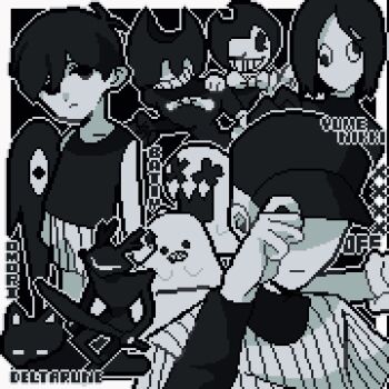 1other 4boys 9aaaalt29 :&lt; :d ;d adjusting_clothes adjusting_headwear animal antenna_hair arms_at_sides bare_shoulders baseball_bat baseball_cap bendy bendy_and_the_ink_machine black_background black_knife_(deltarune) border bow bowtie cat character_request child closed_mouth collarbone color_connection commentary copyright_name copyright_request cowboy_shot crossover deltarune demon double-parted_bangs dual_persona empty_eyes greyscale grin hair_behind_ear hair_between_eyes hat high_contrast highres holding holding_baseball_bat holding_sword holding_weapon ink long_sleeves looking_at_another looking_at_viewer mewo monochrome multiple_boys multiple_crossover no_eyes no_pupils off_(game) omori omori_(omori) one_eye_closed open_mouth outline outside_border over_shoulder pac-man_eyes pinstripe_pattern pinstripe_shirt pinstripe_shorts pixel_art roaring_knight shirt short_hair shorts simple_background smile something_(omori) standing sword symbol-only_commentary tank_top the_batter_(off) traditional_bowtie upper_body utdr_(toby_fox) very_short_hair wall-eyed weapon weapon_over_shoulder white_border yume_nikki