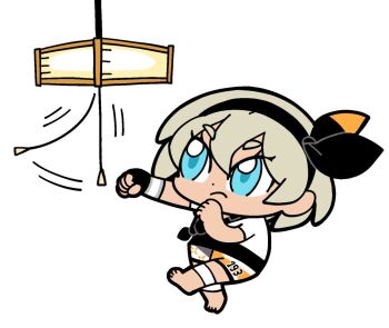 1girl barefoot bea_(pokemon) bkub blue_eyes chibi concentrating dark-skinned_female dark_skin female_focus fingerless_gloves full_body gloves gym_leader hairband lamp nintendo pokemon pokemon_swsh punching ribbon shirt short_hair shorts silver_hair solo switch tagme white_background white_shirt wristband