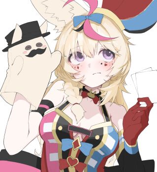 1girl 9tk9m animal_ears black_hair blonde_hair blue_bow bow breasts card closed_mouth commentary_request facial_mark fox_ears fox_girl gloves hand_puppet hat heart heart_facial_mark highres holding holding_card hololive jester_cap mark_under_eye medium_breasts multicolored_hair omaru_polka omaru_polka_(1st_costume) pink_hair playing_card puppet purple_eyes red_bow red_gloves simple_background solo spade_(shape) spade_facial_mark streaked_hair top_hat virtual_youtuber white_background x_(symbol) x_facial_mark zain_(omaru_polka)