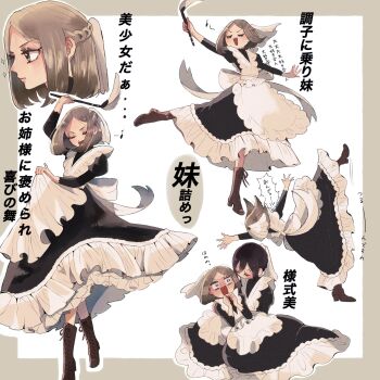 2girls apron back_bow black_dress blush bow carrying dancing dress duster feather_duster grey_hair highres holding_apron juliet_sleeves kimi_no_koto_ga_dai_dai_dai_dai_daisuki_na_100-nin_no_kanojo long_sleeves maid maid_apron maid_headdress medium_hair meido_mai meido_mei multiple_girls multiple_views music otani_(_6mmmmano) princess_carry puffy_sleeves singing tiptoes tripping