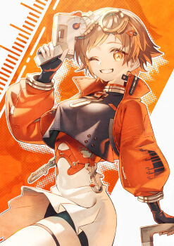 1girl absurdres bad_proportions black_gloves breasts brown_eyes brown_hair fingerless_gloves gloves goggles goggles_on_head gun hair_ornament hairclip highres holding holding_gun holding_weapon jacket long_sleeves one_eye_closed orange_jacket qianqiu_(xinyue_tongxing) sho_(sumika) short_hair skirt small_breasts solo standing thigh_strap weapon white_skirt xinyue_tongxing