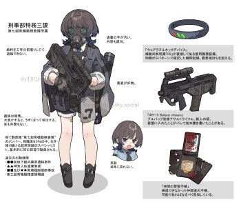 1girl absurdres amonitto badge black_hair blood blood_splatter bullpup collar gas_mask gun highres holding holding_gun holding_weapon lost_property_control_organization_(samidare) mask medal medium_hair scope solo submachine_gun translation_request trigger_discipline weapon weapon_request