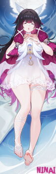 1girl absurdres bare_arms bare_legs barefoot black_hair closed_eyes columbina_(genshin_impact) dress eye_mask feet genshin_impact gradient_hair hair_ornament head_wings highres long_hair mask multicolored_hair multiple_wings music ninai purple_hair singing soles solo white_dress white_mask white_wings wing_hair_ornament wings x-shaped_eyewear
