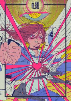 2boys absurdres angel_devil_(chainsaw_man) angel_wings black_border black_necktie black_suit border chainsaw_man cross-shaped_pupils earrings formal_clothes halo hayakawa_aki heart highres jacket jewelry long_hair multiple_boys necktie outside_border pink_eyes red_hair ringed_eyes short_hair stud_earrings suit suit_jacket sunburst symbol-shaped_pupils topknot traditional_halo ujiiemiruka wings