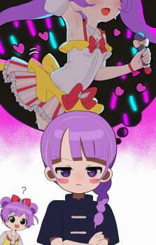 2girls ? ahoge blue_shirt blush_stickers bow braid closed_mouth commentary_request crossed_arms double_bun dress hair_bow hair_bun highres imagining jitome long_hair manaka_laala manaka_laala_(normal) manaka_non manaka_non_(normal) multiple_girls neckerchief pink_bow pink_neckerchief pretty_series pripara purple_eyes purple_hair sailor_collar shikoshiko_puripuri_mushi shirt short_hair short_sleeves siblings single_braid sisters speech_bubble v-shaped_eyebrows white_sailor_collar yellow_dress