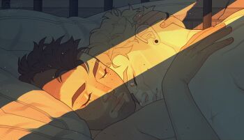 2boys blonde_hair brown_hair call_of_duty call_of_duty:_modern_warfare_2 closed_mouth commentary crookedteev earrings english_commentary eyelashes ghost_(modern_warfare_2) hand_on_another&#039;s_head hand_on_another&#039;s_shoulder head_on_chest highres jewelry lying lying_on_person male_focus mohawk multiple_boys nude on_back piercing pillow scar scar_on_arm short_hair sleeping soap_(modern_warfare_2) stud_earrings thick_eyebrows yaoi