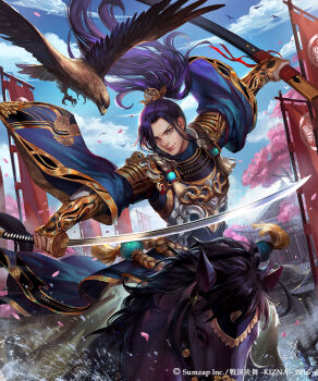 Rule 34 | 1boy, banner, bird, blue sky, character request, cherry blossoms, copyright notice, hawk, highres, holding, holding sheath, horse, horseback riding, katana, kdash, long hair, looking at viewer, male focus, official art, outstretched arms, petals, ponytail, purple hair, riding, sengoku enbu -kizna-, sheath, sky, smile, spread arms, sword, weapon