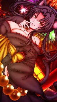 1girl animal_ears bare_shoulders black_hair breasts cat_ears cat_girl cat_tail cleavage collarbone female_focus hair_rings high_school_dxd highres japanese_clothes kimono kuroka_(high_school_dxd) large_breasts long_hair looking_at_viewer no_bra open_clothes open_kimono smile solo tail yellow_eyes