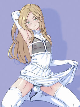 1boy arm_behind_head armpits ball_bra blonde_hair boots chastity_cage closed_mouth clothes_lift dress dress_lift elbow_gloves flat_chastity_cage gloves green_eyes highres kneeling lifting_own_clothes long_hair looking_at_viewer male_focus nipples original simple_background small_chastity_cage smile solo thigh_boots trap vibrantrida white_gloves