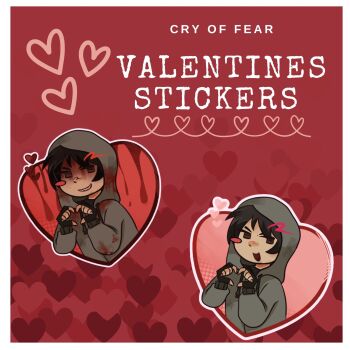 2boys :d black_gloves black_hair black_shirt commentary cry_of_fear dual_persona english_commentary english_text fingerless_gloves gloves grey_hoodie grin heart heart_hands highres hood hood_up hoodie konfettii looking_at_viewer multiple_boys open_mouth partially_shaded_face shirt short_hair simon_henriksson smile