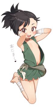 1girl areola_slip black_hair blush breasts brown_eyes dororo_(character) dororo_(tezuka) highres japanese_clothes kojirou_(mesurf1) loli navel sharp_teeth simple_background small_breasts teeth white_background