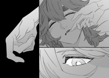 2girls absurdres commentary_request finger_to_another&#039;s_mouth greyscale gundam gundam_suisei_no_majo highres korean_commentary long_hair looking_at_another miorine_rembran monochrome multiple_girls parted_lips saliva sleeping snapagi suletta_mercury yuri