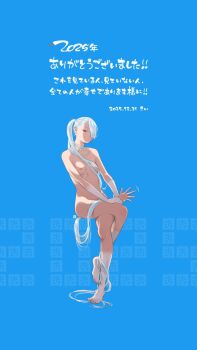 1girl 2025 albino blue_background breasts completely_nude crossed_legs full_body hair_over_one_eye highres key_(kagibangou) long_hair looking_at_viewer nude ponytail red_eyes sitting small_breasts smile solo translation_request very_long_hair white_hair