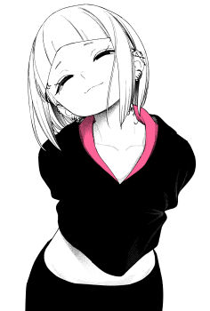 1girl absurdres arms_behind_back collarbone crop_top ear_piercing highres leaning_forward looking_at_viewer monochrome original piercing short_hair smile solo spot_color untsuku