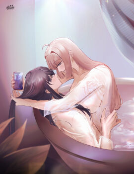 2girls absurdres black_hair breasts brown_hair can cherie_luna chief_(path_to_nowhere) commentary english_commentary eye_contact female_chief_(path_to_nowhere) hand_in_another's_hair highres holding holding_can large_breasts long_hair looking_at_another multiple_girls original parted_lips partially_submerged path_to_nowhere rahu_(path_to_nowhere) same-sex_bathing see-through_clothes see-through_shirt shared_bathing shirt smile wet yuri