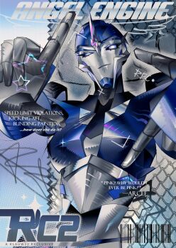 1girl absurdres arcee arcee_(prime) artist_name autobot barcode black_sclera blue_eyes chain-link_fence colored_sclera commentary cover english_commentary english_text fake_magazine_cover fence finger_frame head_tilt highres klauw22 looking_at_viewer magazine_cover mecha robot smirk solo star_(symbol) transformers transformers_prime upper_body