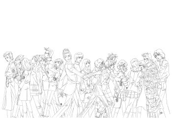 6+boys 6+girls absurdres akanezawa_reiko artist_name ayase_yuka blowing_bubble_gum briefcase camouflage camouflage_coat chewing_gum closed_mouth coat cuffs devil_summoner_(game) devil_summoner_(series) digital_devil_story eyewear_on_head frown glasses hair_ornament hairband hairclip handcuffs hands_in_pockets hat headband highres holding holding_briefcase inaba_masao incredibly_absurdres jack_frost_(megami_tensei) juushou_high_school_uniform karukozaka_high_school_uniform kazuma_kaneko kirishima_eriko kuroi_shinji kuzunoha_kyouji lineart mayuzumi_yukino megami_tensei_juunenshi miyamoto_akira multiple_boys multiple_girls nakajima_akemi nanjou_kei necktie official_art pants persona persona_1 rei_reiho sailor_collar school_briefcase school_uniform shin_megami_tensei shin_megami_tensei:_if... shin_megami_tensei_i shirakawa_yumi shirasagi_yumiko signature simple_background skirt smile socks sonomura_maki st._hermelin_school_uniform sunglasses takeshi_(megami_tensei) third-party_source trench_coat uchida_tamaki uesugi_hidehiko watch wristwatch yuji_(megami_tensei)