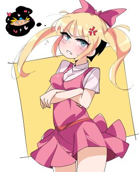 1boy 1girl absurdres anger_vein animification arnold_shortman belt blonde_hair bow breasts child dress helga_g_pataki hey_arnold! highres junglejops looking_at_viewer shirt simple_background small_breasts twintails unibrow