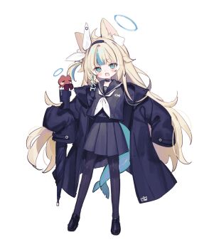 1girl :d absurdres animal_ears black_hairband black_jacket black_skirt blonde_hair blue_eyes fins fish_tail hairband halo high-waist_skirt highres indie_virtual_youtuber jacket long_hair long_sleeves looking_at_viewer multicolored_hair open_mouth sameko_saba school_uniform shouu-kun simple_background skirt smile tail thighhighs umbrella white_background