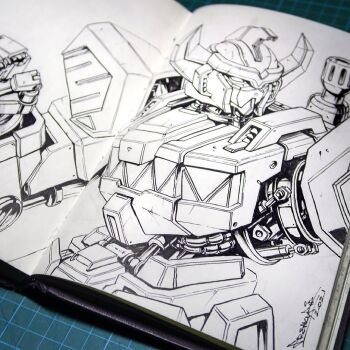 2021 clenched_hand commentary daijuujin daizyuzin dino_megazord english_commentary freakyfir horns ink_(medium) kyouryuu_sentai_zyuranger lineart mecha mighty_morphin_power_rangers no_humans photo_(medium) piston power_rangers robot signature solo super_robot super_sentai tokusatsu traditional_media upper_body