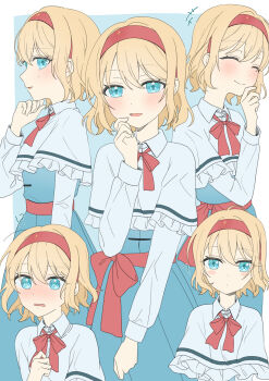 +++ 1girl @_@ absurdres alice_margatroid blonde_hair blue_dress blue_eyes blush bow bowtie capelet closed_eyes closed_mouth commentary_request dress hairband highres long_sleeves looking_at_viewer multiple_expressions multiple_views open_mouth red_bow red_bowtie red_hairband smile touhou tsuno_no_hito white_capelet