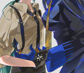 2girls asymmetrical_docking black_gloves black_hair black_jacket black_necktie black_pants blue_gloves blue_shirt breast_press breasts brown_shirt chinese_commentary close-up commentary_request geeta_(pokemon) gloves green_hair grey_background head_out_of_frame highres holding_another&#039;s_wrist jacket long_hair long_sleeves low_ponytail medium_breasts multiple_girls nanaasuzy neck_ribbon necktie nintendo out_of_frame pants pokemon pokemon_sv ponytail ponytail_holder ribbon rika_(pokemon) shirt simple_background sleeves_rolled_up small_breasts suspenders torso_grab wide_sleeves yellow_ribbon yuri