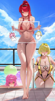 3girls :d absurdres against_glass ahoge aqua_hairband areola_slip ball bao_(pixiv_99415611) bare_shoulders barefoot beachball bikini bikini_bottom_pull blonde_hair blue_sky blunt_bangs blush bottom breast_press breasts breasts_on_glass cleavage cleavage_cutout closed_mouth clothing_cutout cloud collarbone commentary crossed_legs curvy day doro_(nikke) dorothy_(nikke) dorothy_(serendipity)_(nikke) elegg_(boom_and_shock)_(nikke) elegg_(nikke) english_commentary fang female_pubic_hair flower-shaped_hair full_body game_controller_print glass_plate goddess_of_victory:_nikke grin hair_between_eyes hair_bun hair_intakes hair_over_eyes hairband heart_cutout highleg highleg_bikini highres holding large_breasts long_bangs long_hair looking_at_viewer multicolored_hair multiple_girls navel no_shirt official_alternate_costume official_alternate_hair_color official_alternate_hairstyle open_mouth outdoors pink_hair ponytail pool pool_ladder pubic_hair purple_eyes rapi_(nikke) rapi_(red_hood)_(nikke) rapi_(red_hood)_(red_flavor)_(nikke) red_bikini red_eyes red_hair red_pubic_hair shadow shiny_skin short_hair sidelocks single_side_bun skin_fang skindentation sky slingshot_swimsuit smile standing stomach swimsuit thong thong_bikini two-tone_hair variant_set watson_cross wide_hips yellow_slingshot_swimsuit