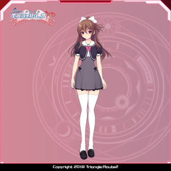 1girl bow brown_eyes brown_hair company_name copyright_name full_body hair_bow high-waist_skirt kourin_tenshi_en_ciel_rena loafers logo long_hair looking_at_viewer official_art pink_background pink_bow ponytail puffy_sleeves saitou_natsuki school_uniform shoes short_sleeves skirt solo standing suhamaya thighhighs tomoe_rena white_bow white_thighhighs zettai_ryouiki