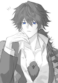 Rule 34 | 1boy, bird, collarbone, collared shirt, crow, greyscale, hand up, haori, highres, jacket, japanese clothes, kanzaburou (kimetsu no yaiba), kikkoumon, kimetsu no yaiba, long hair, looking at viewer, low ponytail, male focus, monochrome, open clothes, open shirt, parted lips, partially colored, ponytail, shirt, simple background, solo, spiked hair, t ei to, teeth, tomioka giyuu, white background