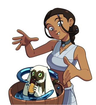 1girl avatar:_the_last_airbender avatar_legends bath bathing blue_eyes breasts brown_hair choker dark-skinned_female dark_skin discount-supervillain fingernails highres hydrokinesis katara lemur long_hair momo_(avatar) smile soap washing_another water