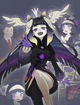 1boy :d @_@ absurdres black_dress black_sky blonde_hair character_request crown dress drooling fang feathered_wings gradient_hair head_wings highres hololive hololive_english long_hair looking_at_viewer mind_control mouth_drool multicolored_hair multiple_girls necktie night ninomae_ina'nis nun_headdress open_mouth own_hands_together palms_together praying purple_eyes purple_hair purple_hands red_necktie skin_fang sky skyline smile tako_takover_(ninomae_ina'nis) takodachi_(ninomae_ina'nis) tentacle_hair virtual_youtuber waneyeye wings