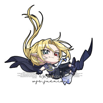 Rule 34 | 1boy, :3, arm out of sleeve, artist name, black coat, black gloves, black pants, black shoes, blonde hair, blue necktie, closed mouth, coat, commentary, commission, ear piercing, earrings, english commentary, falling, floating hair, gloves, grey eyes, hair between eyes, half gloves, heterochromia, highres, hugo vlad, jewelry, long hair, looking at viewer, male focus, mole, mole under eye, necktie, pants, piercing, pointy ears, purple shirt, red eyes, shirt, shoes, simple background, sleeves rolled up, solo, sparkle, white background, wjs juexian, zenless zone zero