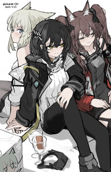 3girls absurdres angelina_(arknights) animal_ear_fluff animal_ears arknights arknights:_endfield bare_shoulders bird_ears bird_girl black_hair black_jacket black_pantyhose black_thighhighs blue_eyes brown_hair closed_eyes collarbone commentary cup dress drinking_glass endministrator_(arknights) english_commentary female_endministrator_(arknights) fox_ears fox_girl gilberta_(arknights) grey_dress grey_hair hair_ornament hands_on_lap headgear highres holding_hands hood hood_down hooded_jacket jacket knee_up leaning_on_person long_hair medium_hair multiple_girls no_nose off_shoulder open_clothes open_jacket pantyhose perlica_(arknights) ribbed_sweater short_dress sitting sleeveless sleeveless_dress smile sweater thighhighs twintails whate=3r white_dress white_jacket white_sweater wine_glass yellow_eyes yuri zettai_ryouiki