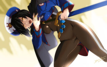 1girl baiola black_hair breasts brown_eyes cape chloe_valens commentary_request dated hat highres large_breasts looking_at_viewer open_mouth short_hair skin_tight solo sword tales_of_(series) tales_of_legendia weapon