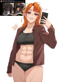 1girl abs artist_name black_sports_bra breasts collarbone collared_shirt commentary english_commentary heart highres holding holding_phone large_breasts long_sleeves mako_fukasame mole mole_under_eye multicolored_hair myth1carts navel open_clothes open_shirt orange_hair phone photo-referenced red_eyes red_hair red_nails sharp_teeth shirt solo sports_bra streaked_hair teeth vershion virtual_youtuber white_background